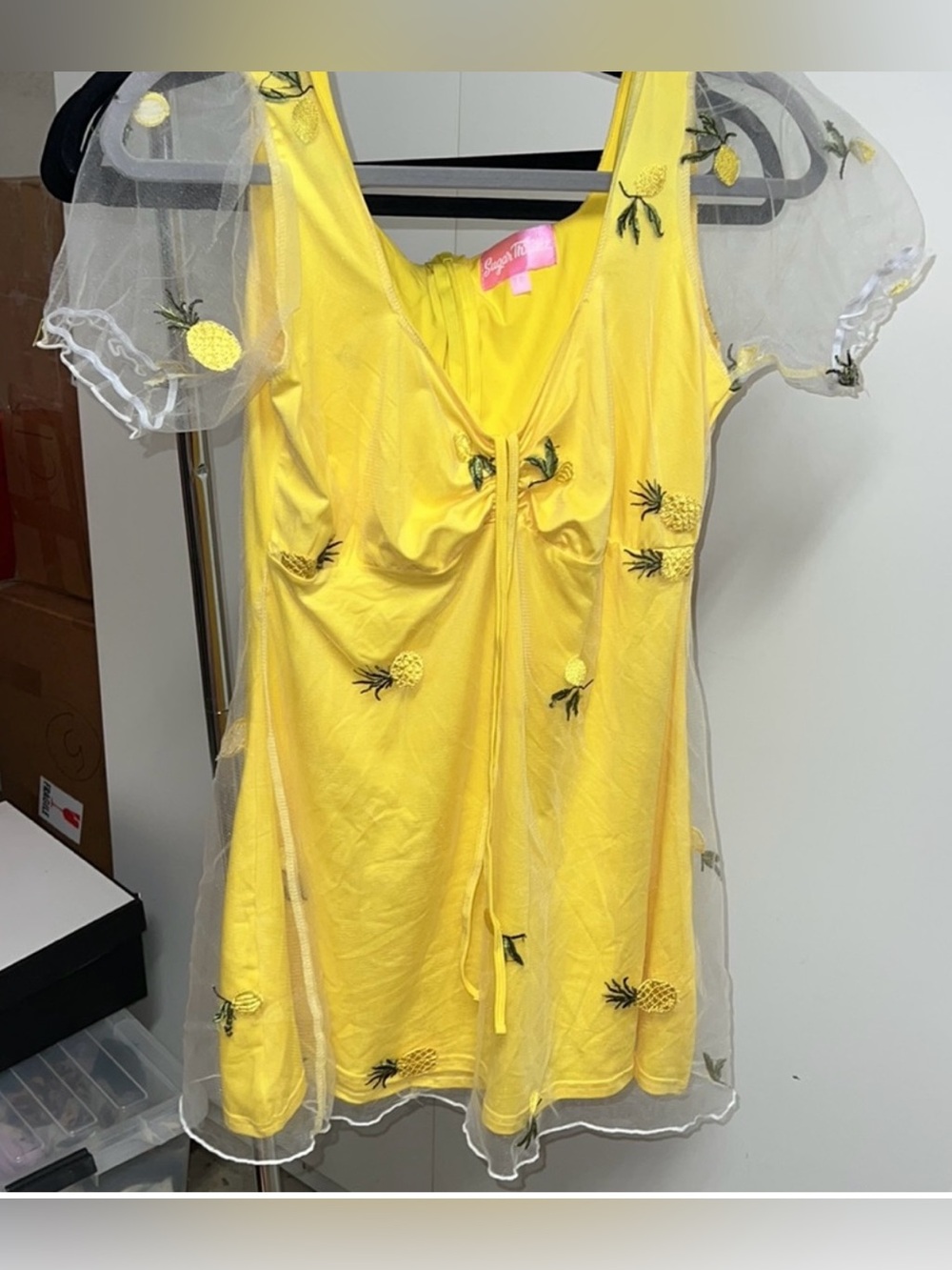 Dolls Kill Sugar Thrillz Yellow Pineapple Embroidered Puff Sleeve Mini Dress